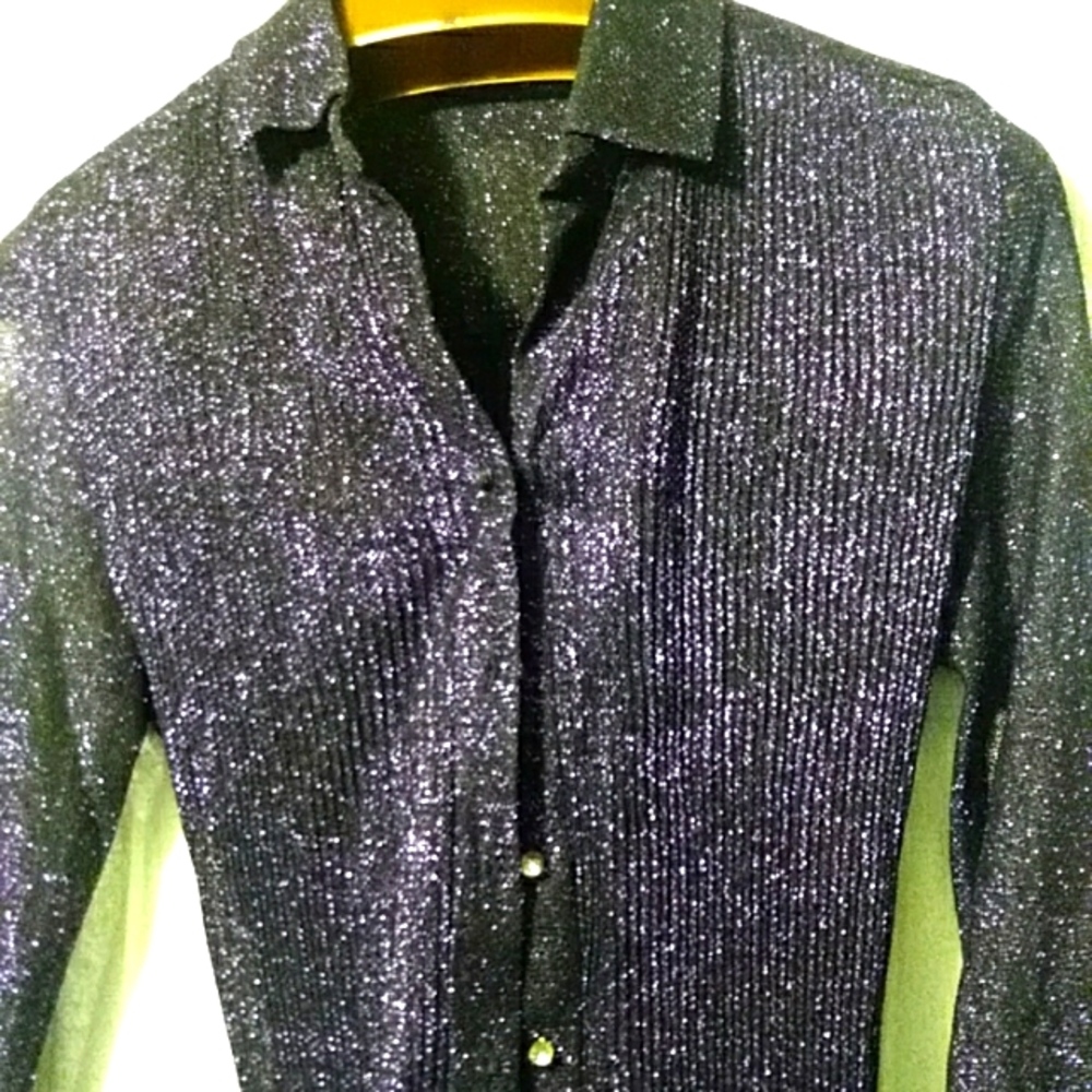 Vintage sparkle purple on shear black blouse with back tie and crystal  buttons